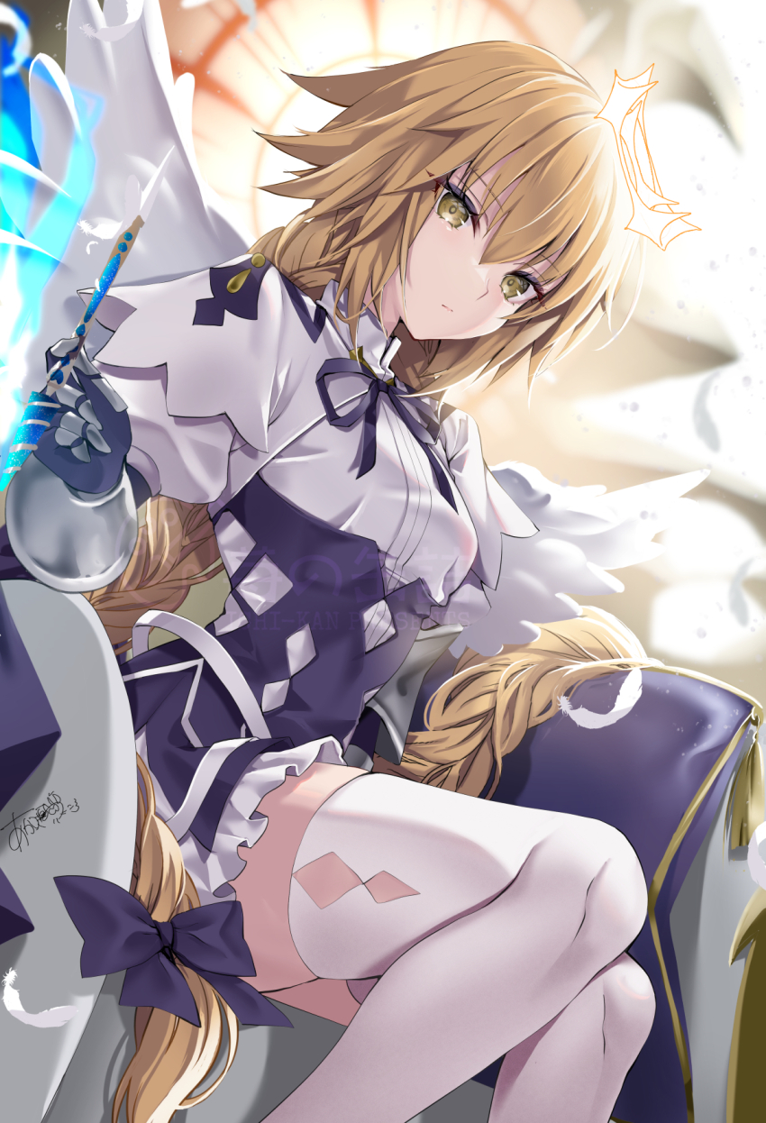 1girl akatsuki_hijiri armored_gloves blonde_hair blue_bow bow braid braided_ponytail closed_mouth commentary_request dress fate/grand_order fate_(series) feet_out_of_frame hair_bow hair_ornament halo highres holding jeanne_d&#039;arc_(fate) long_hair looking_at_viewer metatron_jeanne_(fate) metatron_jeanne_(first_ascension)_(fate) outdoors sitting solo thighhighs thighs white_thighhighs yellow_eyes