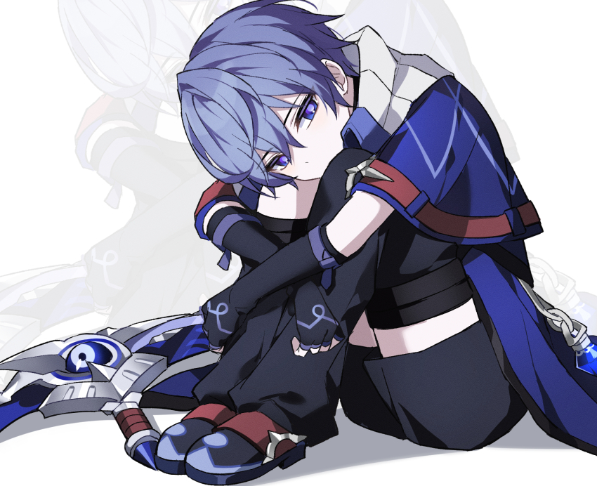1boy black_gloves black_shoes black_shorts capelet elbow_gloves elsword fingerless_gloves gloves hair_between_eyes hashtag-only_commentary highres look_128 looking_at_viewer male_focus noah_ebalon purple_capelet purple_eyes purple_hair shoes short_hair shorts sickle sitting solo weapon white_background