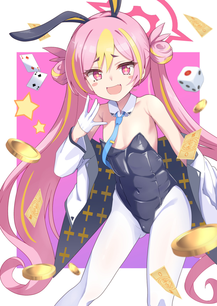 +_+ 1girl :d absurdres animal_ear_hairband animal_ears armpit_crease bare_shoulders black_leotard blonde_hair blue_archive blue_necktie blush blush_stickers breasts commentary_request covered_navel detached_collar dice double_bun fake_animal_ears fang feet_out_of_frame gloves gluteal_fold hair_bun hairband half_gloves halo hanakoizumi_yoruno hand_up highleg highleg_leotard highres jacket koyuki_(blue_archive) koyuki_(bunny)_(blue_archive) leotard long_hair long_sleeves looking_at_viewer multicolored_hair necktie official_alternate_costume official_alternate_hairstyle open_mouth pantyhose pink_background pink_eyes pink_hair pink_halo playboy_bunny rabbit_ear_hairband rabbit_ears short_eyebrows simple_background skin_fang small_breasts smile solo standing star_(symbol) strapless strapless_leotard streaked_hair thick_eyebrows twintails two-tone_hair two_of_clubs two_of_hearts very_long_hair white_gloves white_jacket white_pantyhose