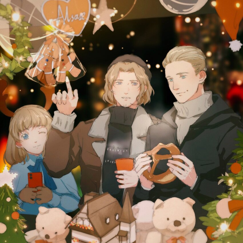 2boys axis_powers_hetalia bag beret black_jacket black_sky blonde_hair blue_bow blue_bowtie blue_capelet blue_eyes blue_shirt blurry blurry_background bow bowtie brown_gloves brown_hat brown_jacket capelet cellphone christmas christmas_lights christmas_ornaments christmas_tree christmas_wreath closed_mouth cup eating fake_antlers food food_on_face france_(hetalia) fur-trimmed_jacket fur_trim germany_(hetalia) gingerbread_man gloves hand_up hands_up hat heart_ornament highres holding holding_cup holding_food holding_phone hood hooded_jacket house index_finger_raised jacket lapels long_sleeves looking_at_another looking_at_object looking_at_viewer multiple_boys night night_sky one_eye_closed open_clothes open_jacket oplusplusplus orange_bow outdoors phone pointing pom_pom_(clothes) pretzel puffy_long_sleeves puffy_sleeves purple_eyes red_hat santa_hat shirt short_hair sky smartphone smile snowing star_(symbol) star_ornament steam stuffed_animal stuffed_toy sweater teddy_bear teeth turtleneck turtleneck_sweater white_sweater window wreath