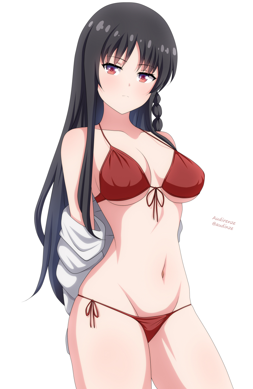 1girl absurdres audirenze bare_shoulders bikini black_hair breasts closed_mouth collarbone commentary_request highres horikita_suzune jacket long_hair lowleg lowleg_bikini medium_breasts navel red_eyes simple_background solo stomach swimsuit twitter_username underboob undersized_breast_cup undersized_clothes white_background white_jacket youkoso_jitsuryoku_shijou_shugi_no_kyoushitsu_e