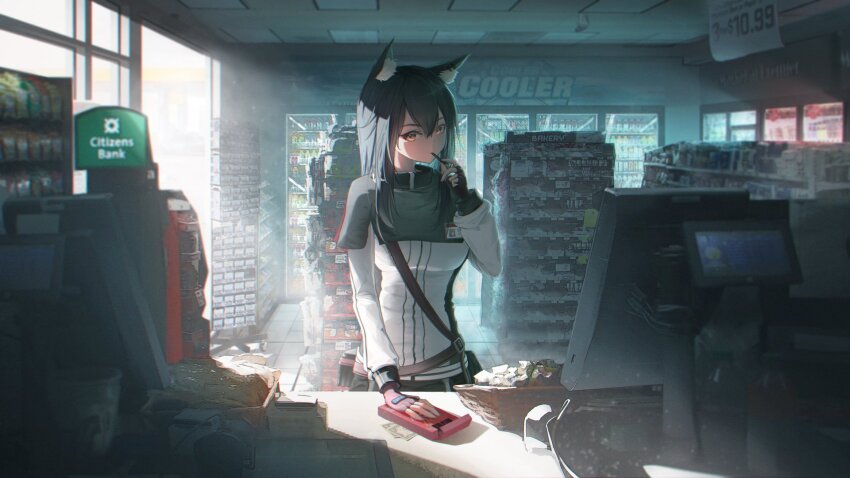 1girl absurdly_detailed_composition animal_ear_fluff animal_ears arknights asymmetrical_gloves black_capelet black_gloves capelet commentary commission counter day fingerless_gloves food gas_station gloves hair_between_eyes hand_up highres holding holding_food indoors jacket light_particles lit_for_20 loaded_interior long_sleeves mismatched_gloves monitor orange_eyes pink_gloves pocky price price_tag refrigerator shelf solo standing strap sunlight texas_(arknights) white_jacket wolf_ears wolf_girl