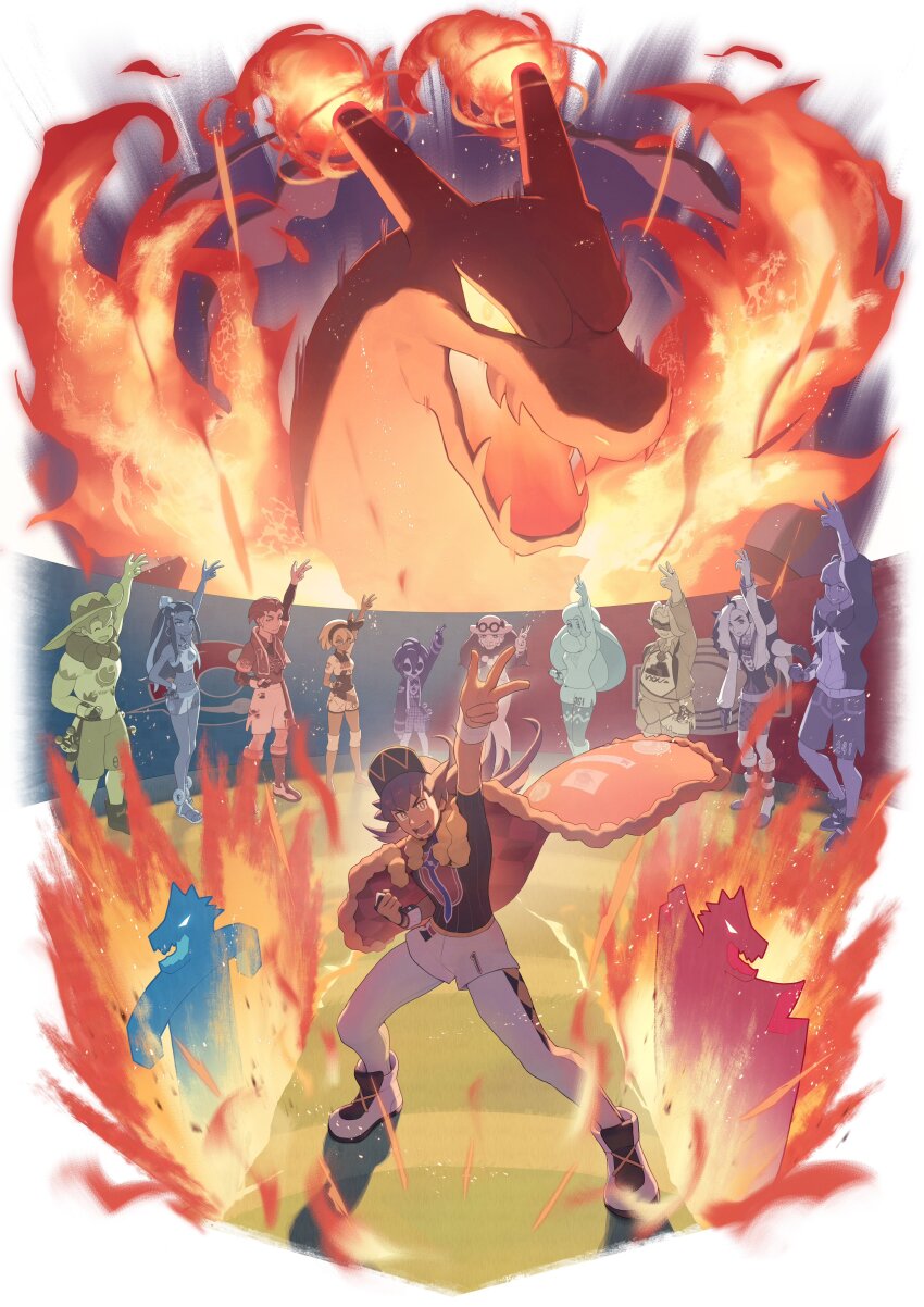 4girls 6+boys absurdres allister_(pokemon) baseball_cap bea_(pokemon) black_hat black_shirt cape charizard dark-skinned_female dark-skinned_male dark_skin fur-trimmed_cape fur_trim gen_1_pokemon gigantamax gigantamax_charizard gordie_(pokemon) hat highres kabu_(pokemon) leggings leggings_under_shorts leon_(pokemon) looking_at_viewer mask melony_(pokemon) midriff milo_(pokemon) multicolored_footwear multiple_boys multiple_girls nessa_(pokemon) nintendo odd_(hin_yari) opal_(pokemon) open_mouth piers_(pokemon) pokemon pokemon_(creature) pokemon_swsh purple_hair raihan_(pokemon) red_cape shirt shorts sun_hat white_leggings white_shorts yellow_eyes