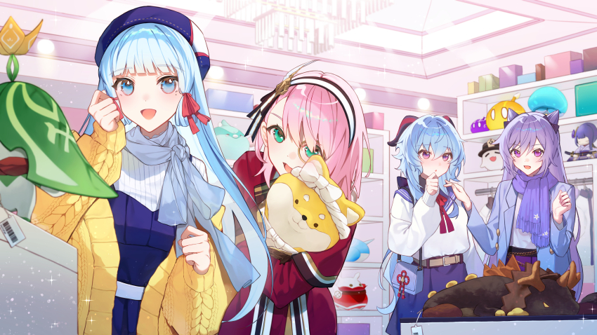 4girls absurdres aqua_eyes aranara_(genshin_impact) ayaka_(genshin_impact) azhdaha_(genshin_impact) beret blue_eyes blue_hair blue_headwear blue_scarf boo_tao_(genshin_impact) casual charlotte_(genshin_impact) commentary_request cone_hair_bun contemporary dress fungi_(genshin_impact) ganyu_(genshin_impact) genshin_impact hair_bun hair_ribbon hat highres indoors jacket keqing_(genshin_impact) long_hair long_sleeves monocle multiple_girls pink_hair purple_eyes purple_hair purple_scarf raiden_shogun red_dress red_ribbon ribbon sailor_collar sailor_shirt scarf shirt shotgunman slime_(genshin_impact) upper_body very_long_hair white_shirt yellow_jacket