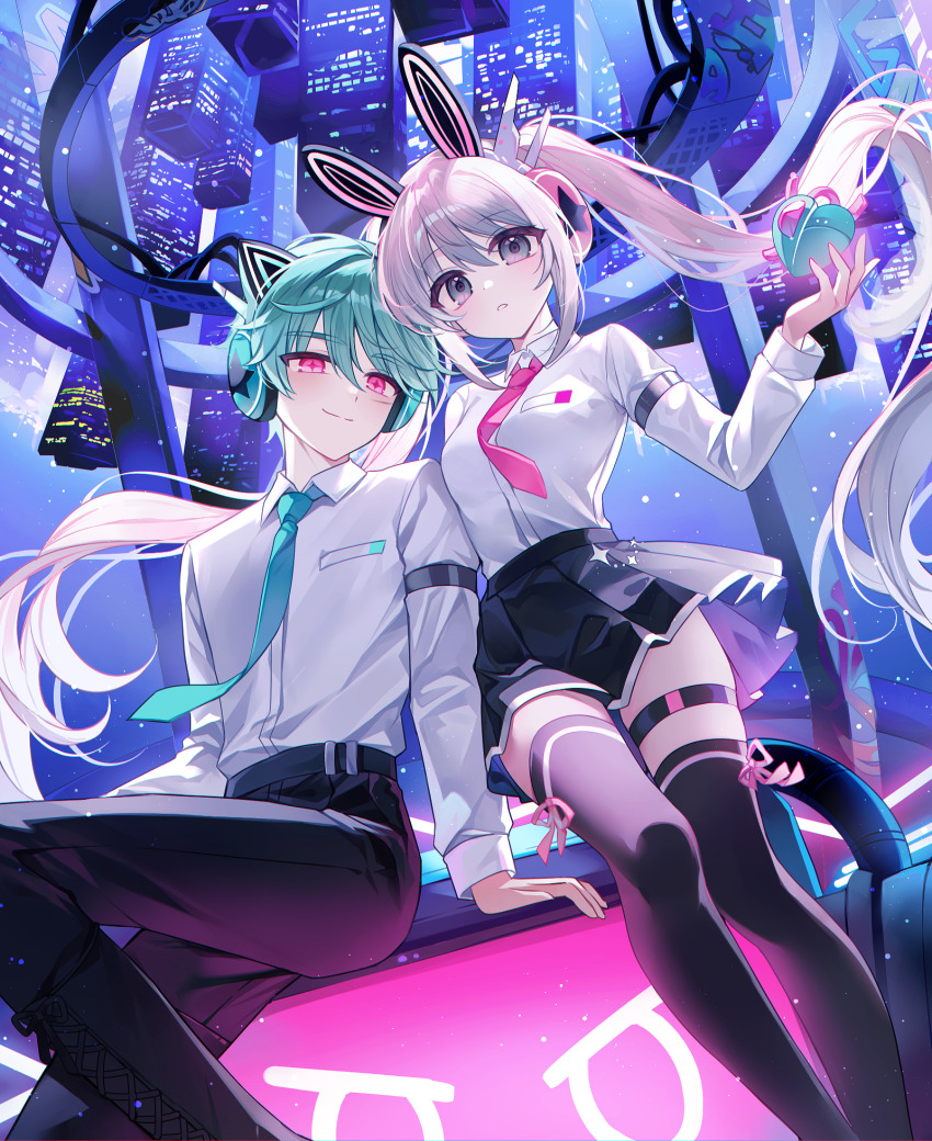 1boy 1girl animal_ear_headphones animal_ears arm_support black_boots black_pants black_skirt black_thighhighs boots breasts building chaos_(g_ieep) closed_mouth collared_shirt commentary dress_shirt english_commentary fake_animal_ears feet_out_of_frame g_ieep green_hair green_necktie grey_eyes grey_hair hair_between_eyes headphones highres lace-up_boots long_hair long_sleeves maplestory necktie nicky_angler original pants pink_necktie pleated_skirt puffy_long_sleeves puffy_sleeves rabbit_ear_headphones red_eyes shirt skirt skyscraper small_breasts smile thighhighs twintails upside-down_world very_long_hair white_shirt