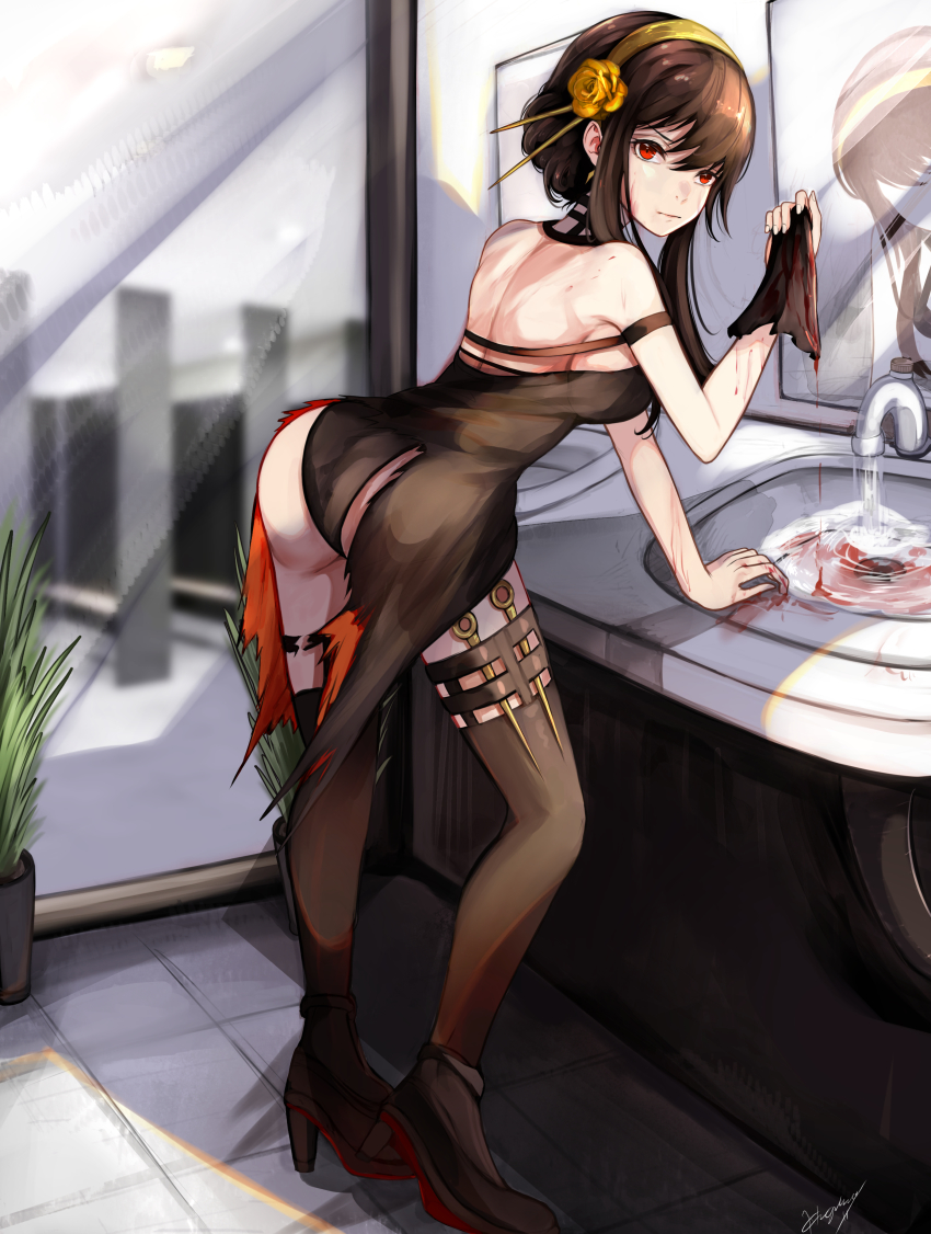 1girl absurdres artist_request ass black_dress black_hair black_panties blood dres dress highres long_hair mirror nug panties red_eyes solo spy_x_family thighhighs torn_clothes underwear yor_briar