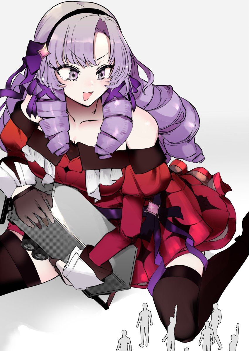 1girl 6+others absurdres black_hairband black_thighhighs bow collarbone dress giant giantess hair_bow hairband highres holding hyakumantenbara_salome hyakumantenbara_salome_(1st_costume) looking_down multiple_others nijisanji nikukaiq off-shoulder_dress off_shoulder open_mouth purple_bow purple_eyes purple_hair red_dress sitting smile thighhighs trailer v-shaped_eyebrows virtual_youtuber wariza