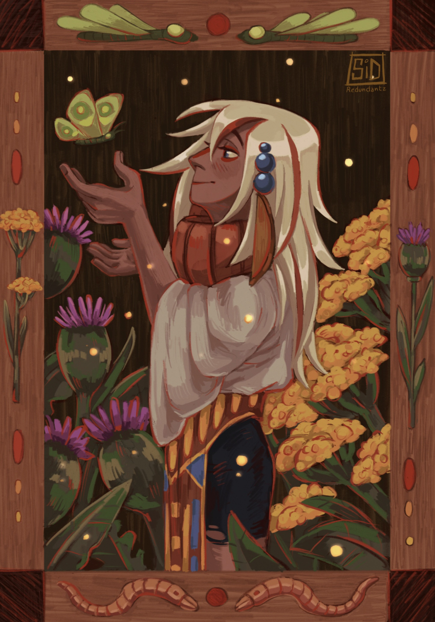 1other artist_name beads blouse blue_eyes border bug butterfly cactus cowboy_shot dark_skin fireflies flower from_side hair_beads hair_between_eyes hair_ornament highres insect leaf light_smile long_hair looking_to_the_side loose_clothes loose_shirt lowered_eyelids multicolored_hair native_american ornate_border outstretched_hand painterly pelvic_curtain red_streaks redundantz shirt short_shorts shorts signature solo solo_focus standing streaked_hair torn_clothes torn_shorts trigun trigun_stampede white_hair white_shirt wing_hair_ornament yellow_flower zazie_the_beast