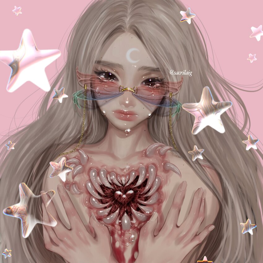 1girl animal_print black_eyes bleeding blonde_hair blood body_horror butterfly_print commentary crying crying_with_eyes_open english_commentary exposed_heart glasses gurokawa hand_on_own_chest head_tilt highres long_hair looking_at_viewer monster_girl no_shirt original sacrilaig star_(symbol) tears upper_body very_long_hair