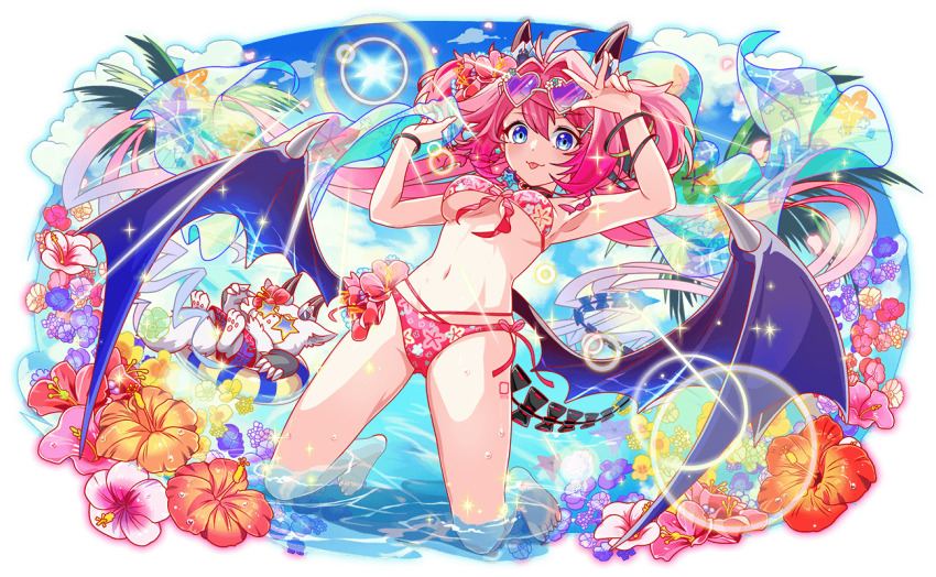 1girl absurdly_long_hair adjusting_eyewear alternate_costume alternate_tail aqua_sarong armpits artist_request bare_arms bare_legs bare_shoulders barefoot bat_wings bikini bikini_ribbon black_choker blue_flower blue_sky blush bracelet braid breasts cel_shading character_request choker claws closed_mouth cloud cloudy_sky crash_fever day dot_nose drill_hair earrings eyewear_on_head fleming_(crash_fever) floral_print_bikini floral_print_sarong flower flower_bikini from_below full_body game_cg groin hair_between_eyes hair_flower hair_intakes hair_ornament heart heart-shaped_eyewear hibiscus holding_sarong horns innertube jewelry lens_flare light_rays light_reflection_(water) long_hair looking_at_viewer male_swimwear mechanical_horns mechanical_tail medium_breasts multi-strapped_bikini_bottom navel number_tattoo numbered official_alternate_costume official_alternate_tail official_art on_innertube open_mouth orange_flower outdoors outline palm_tree partially_submerged pink_bikini pink_flower pink_hair pink_petals purple-tinted_eyewear purple_flower red_flower red_male_swimwear red_outline sarong see-through_clothes see-through_sarong side-tie_bikini_bottom skinny sky solo_focus sparkle square square_tattoo star-shaped_eyewear star_(symbol) star_choker star_earrings sun sunbeam sunglasses sunlight swim_ring swimsuit tachi-e tail tattoo third-party_source tinted_eyewear toes tongue tongue_out too_many_flowers transparent_background tree triangle_mouth twin_braids underboob v very_long_hair wet white-framed_eyewear white_fur white_tail wings x_hair_ornament yellow_flower
