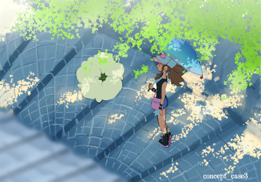 1girl baseball_cap boots brown_hair denim denim_shorts full_body gen_5_pokemon hat hilda_(pokemon) holding holding_umbrella looking_at_another nintendo nyagiratwist outdoors pokemon pokemon_(creature) pokemon_bw shorts stairs standing tree_shade umbrella whimsicott