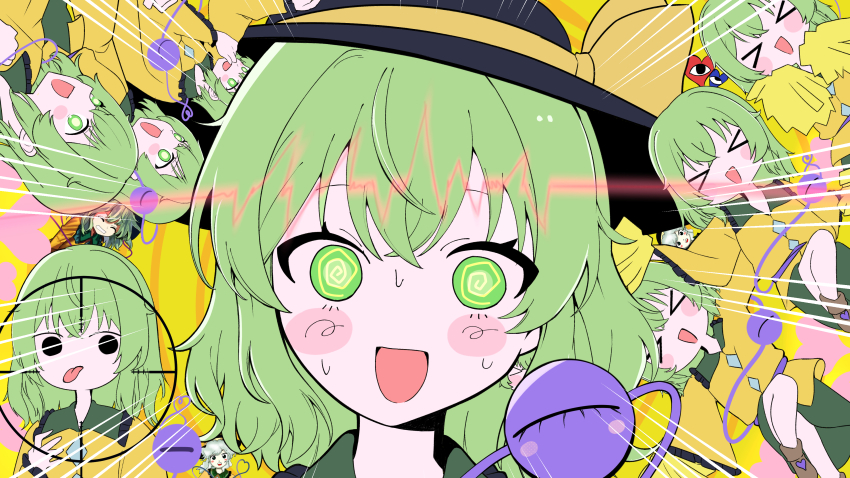&gt;_&lt; @_@ absurdres blank_eyes blush boots brown_boots collared_shirt crosshair deco27 green_eyes green_hair green_skirt hair_between_eyes harukawa_moe harukawa_moe_(style) hat heaven4014 highres koishi_komeiji&#039;s_heart-throbbing_adventure komeiji_koishi long_sleeves looking_at_viewer multiple_expressions open_mouth puffy_sleeves shirt skirt smile telepathy_(vocaloid) third_eye tongue tongue_out touhou variations yellow_shirt zun_(artist) zun_(style)