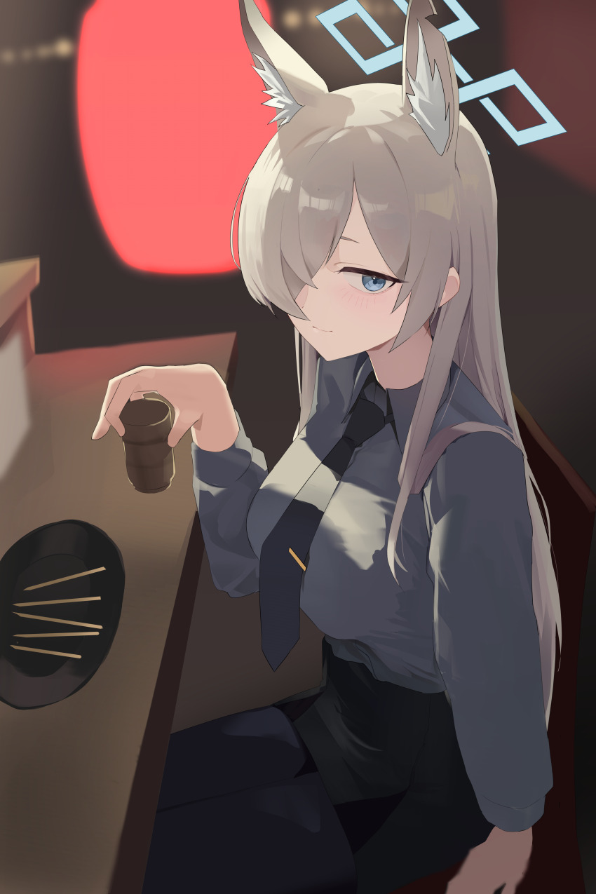 1girl absurdres animal_ear_fluff animal_ears black_pantyhose black_skirt blonde_hair blue_archive blue_eyes blue_necktie blue_shirt blush closed_mouth commentary cup dog_ears dog_girl from_side highres holding holding_cup kanna_(blue_archive) looking_at_viewer necktie on_chair pantyhose shirt sitting skirt smile solo toriko_(honmono)