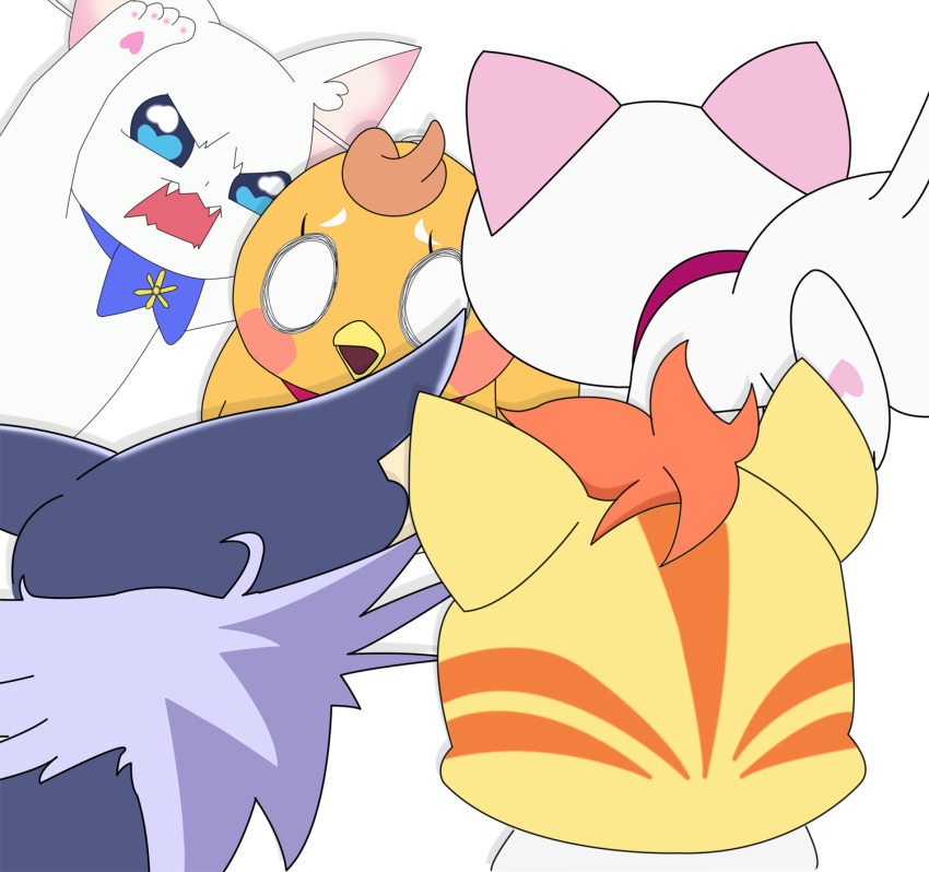 2boys 3girls bird blue_eyes cat collar fang fangs healin&#039;_good_precure healing_animal highres hirogaru_sky!_precure hissing hummy_(suite_precure) multiple_boys multiple_girls nekoyashiki_yuki no_humans nyatoran_(precure) pawpads precure san80 seiren_(suite_precure) suite_precure surrounded wonderful_precure! yuunagi_tsubasa yuunagi_tsubasa_(bird)