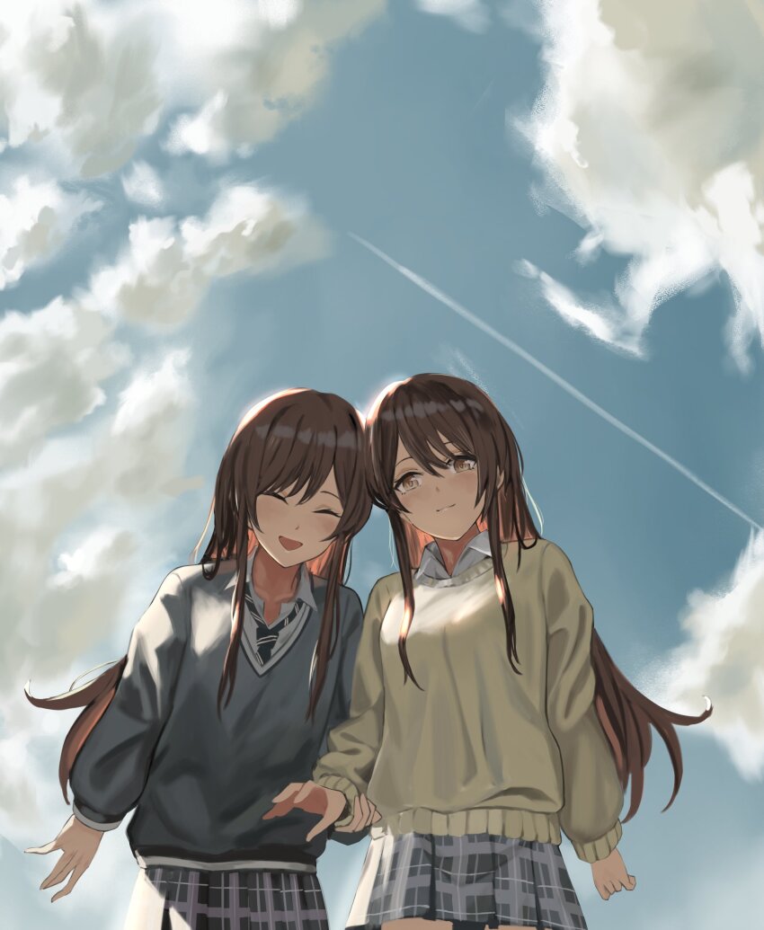 2girls absurdres blue_necktie blue_sky blush brown_hair closed_mouth contrail day grey_skirt grey_sweater highres holding_another&#039;s_arm idolmaster idolmaster_shiny_colors jovhodelp long_hair long_sleeves looking_at_viewer multiple_girls necktie open_mouth osaki_amana osaki_tenka plaid_clothes plaid_skirt pleated_skirt school_uniform shirt siblings sisters skirt sky smile striped_necktie sweater swept_bangs twins white_shirt yellow_eyes yellow_sweater