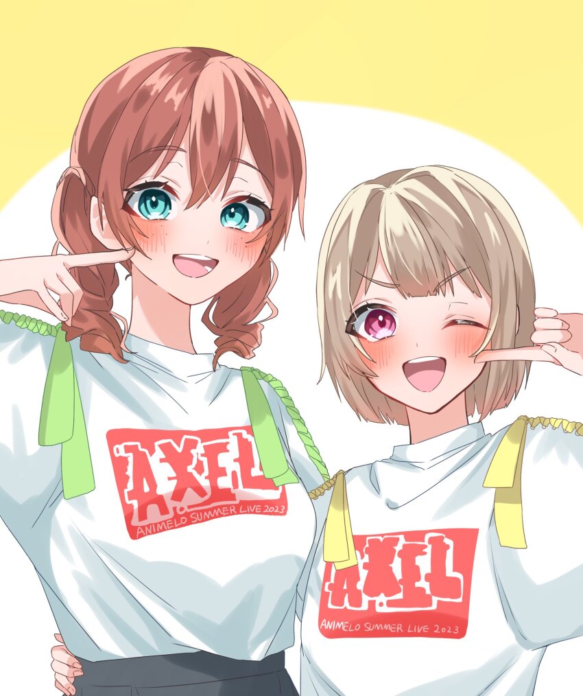 2girls aqua_eyes blush brown_hair commentary_request drill_hair emma_verde finger_to_cheek grey_hair hand_on_another&#039;s_waist highres looking_at_viewer love_live! love_live!_nijigasaki_high_school_idol_club medium_hair multiple_girls nakasu_kasumi one_eye_closed open_mouth osora_dao print_shirt purple_eyes shirt short_hair twin_drills upper_body v-shaped_eyebrows white_shirt