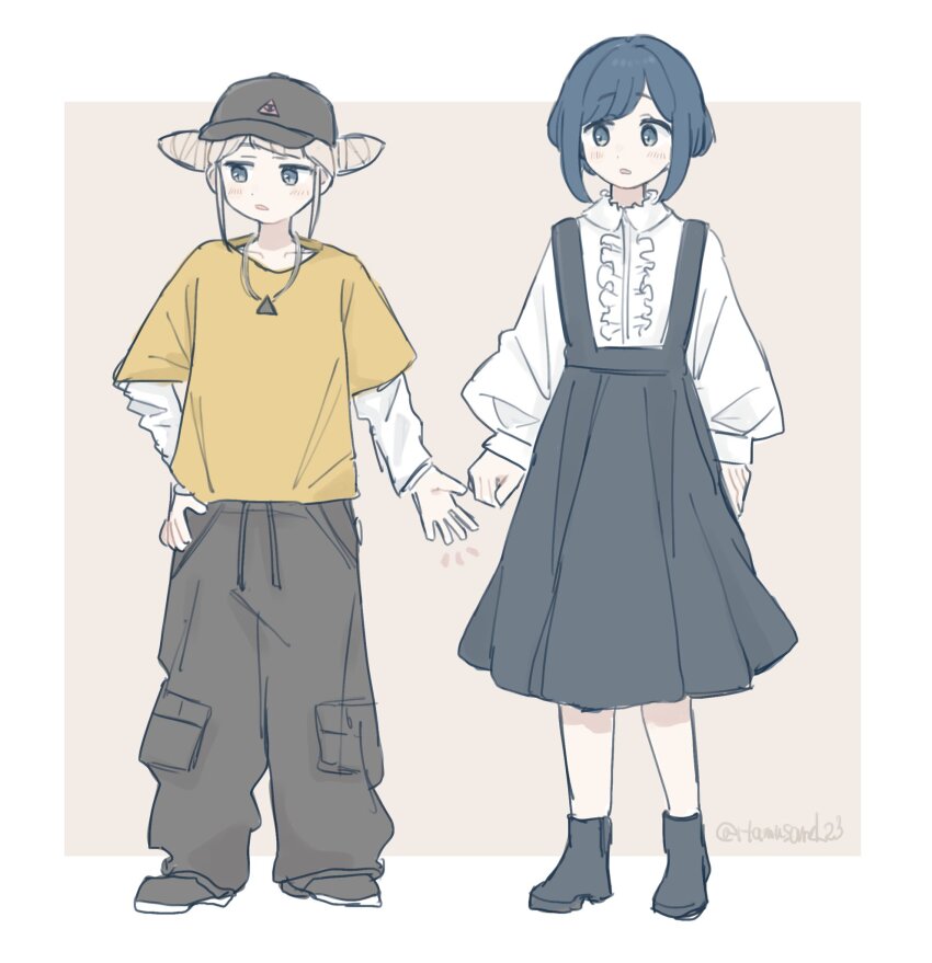 2girls alternate_costume baggy_pants baseball_cap black_boots black_pants black_skirt blue_eyes blue_hair boots collared_shirt commentary_request frilled_shirt frills fukurai_azami full_body grey_background grey_hair hamu_(hamusand) hat highres layered_sleeves long_sleeves looking_at_another multiple_girls pants shirt shoes short_hair short_over_long_sleeves short_sleeves simple_background skirt standing suspender_skirt suspenders tomarigi_yasumi toshi_densetsu_kaitai_center white_shirt yellow_shirt