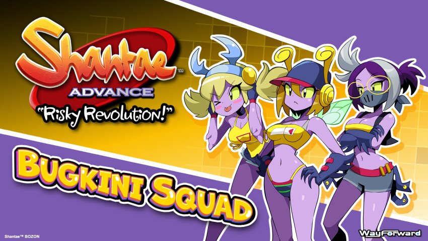 3girls :o arthropod_girl bare_shoulders barefoot bikini bikini_bottom_only bikini_under_clothes bird blonde_hair blue_bikini blue_bow blue_eyes bob_cut bow breasts buckshot_(shantae) claws cleavage_cutout clothing_cutout cloud colored_skin copyright_name curvy day glasses grey_eyes hair_between_eyes hair_bow hair_ornament happy hat heart highleg highleg_bikini highres insect_wings jawdrop_(shantae) large_breasts looking_ahead low_twintails multicolored_bikini multicolored_bikini_top multiple_girls naughty_face navel o-ring o-ring_bikini official_art one_eye_closed parted_bangs purple_hair purple_skin red_bikini sakurajyousui_nami shantae_(series) shantae_advance:_risky_revolution shiny_skin short_hair sidelocks slushfund_(shantae) splashing striped_bikini striped_clothes swimsuit thighs thong thong_bikini title twintails two-tone_bikini underboob wayforward wet wide_hips wings wink