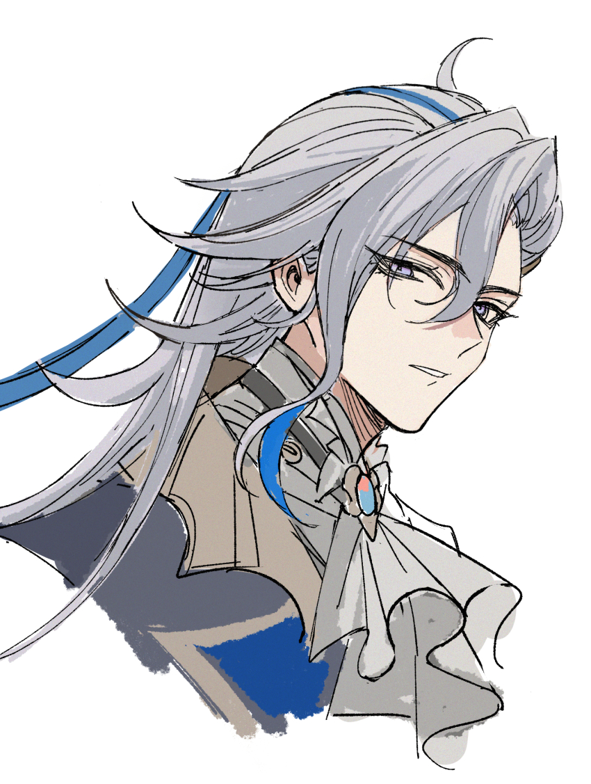 1boy ascot blue_eyes blue_hair brooch cropped_shoulders genshin_impact grey_ascot grey_hair highres jewelry lapels long_hair looking_to_the_side male_focus multicolored_hair neuvillette_(genshin_impact) parted_lips sideways_glance simple_background solo streaked_hair teeth udgg093577 white_background