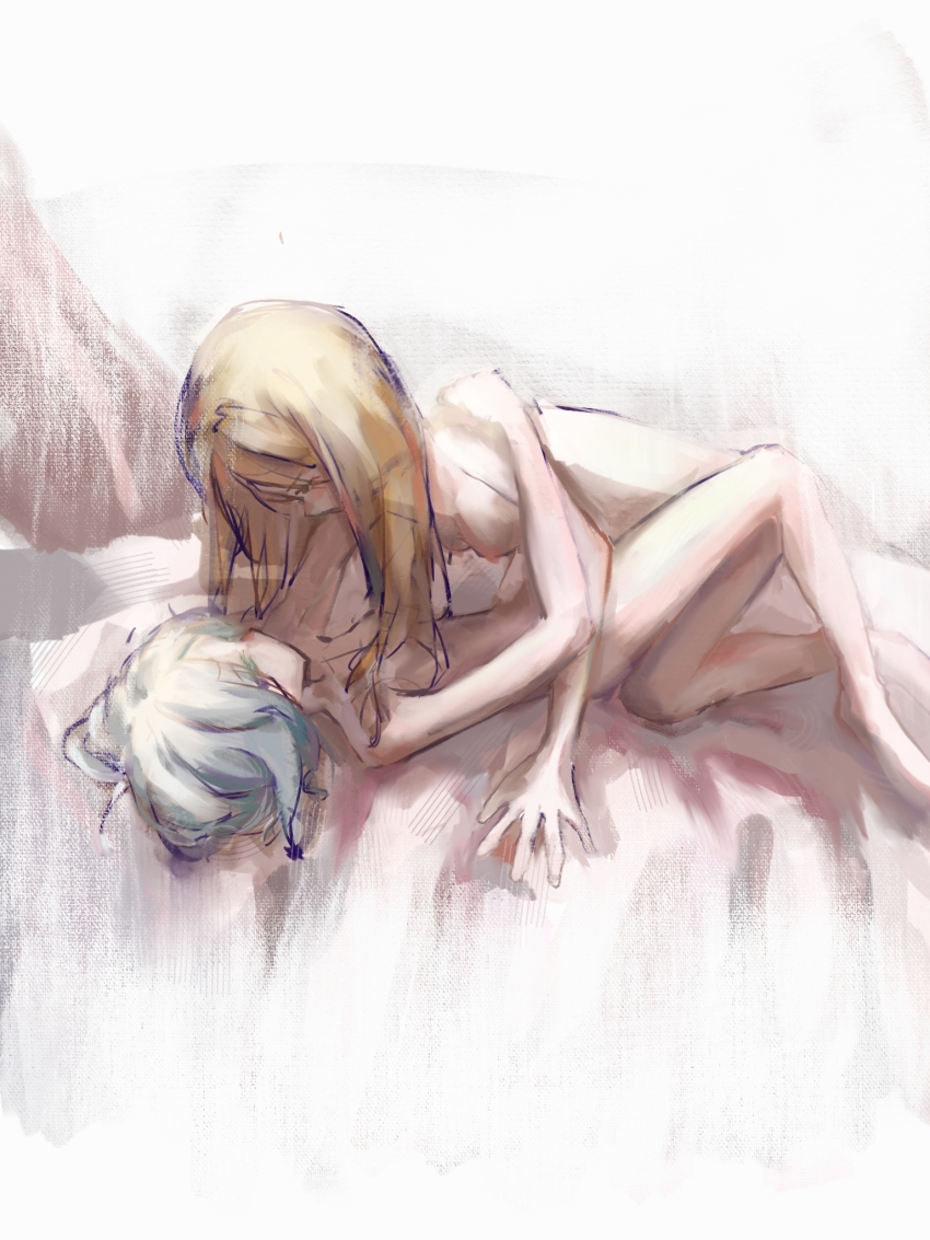2girls blonde_hair breasts hanging_breasts highres library_of_ruina long_hair lying multiple_girls nude pamela_(project_moon) pamela_(pixiv) pameli_(project_moon) project_moon short_hair silver_hair tagme yuri