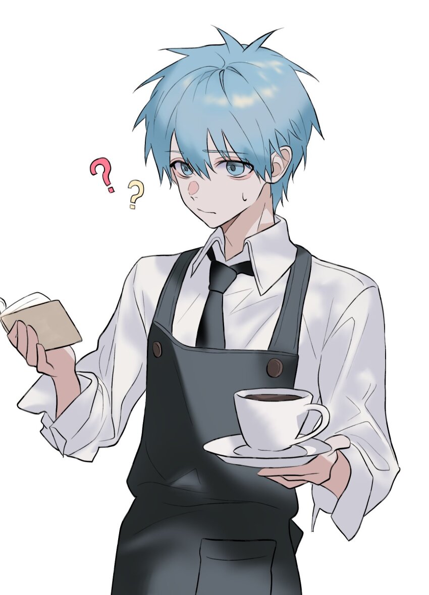 ? ?? apron aqua_eyes aqua_hair black_apron blue_pupils closed_mouth coffee_mug collared_shirt cup hair_between_eyes highres holding holding_cup kuroko_no_basuke kuroko_tetsuya long_sleeves looking_at_object mug notebook shirt short_hair simple_background sweat upper_body white_background white_shirt yuuuuuue131