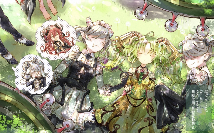 5girls :3 ahoge amused arianna_the_labrynth_servant arianne_the_labrynth_servant arias_the_labrynth_butler bare_shoulders barefoot black_gloves black_sleeves butler center_frills closed_eyes dappled_sunlight demon_girl dress drooling duel_monster elbow_gloves facepalm female_butler frills gloves green_hair grey_hair hair_ornament hand_to_own_mouth highres holding_hands horns lying maid maid_headdress mizutama_(mizutamalion) monocle multiple_girls on_back on_side pointy_ears puff_of_air red_hair siblings sigh signature sisters sleeping smile sunlight sweatdrop traptrix_allomerus traptrix_sera twintails twitter_username white_gloves yellow_dress yu-gi-oh!