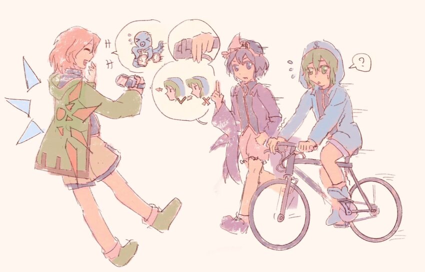 3others ? ^_^ annoyed asymmetrical_wings bare_legs bicycle bikini black_hat black_shirt blue_boots blue_jacket blue_wings boots brown_shorts camcorder camera closed_eyes coattails collared_shirt crystal_wings detached_wings floating flying_sweatdrops frilled_headwear frilled_shorts frills green_boots green_hair green_jacket grey_shorts hair_between_eyes hand_on_own_face happy hat high_collar highres holding holding_camera hood hood_down hood_up hooded_jacket jacket laughing len&#039;en long_sleeves looking_at_another merry_765 mismatched_wings mob_cap motion_lines multiple_others nervous open_clothes open_jacket open_mouth pink_shorts pointing pointing_up pointy_nose purple_boots purple_eyes purple_hair purple_jacket red_hair red_wings riding riding_bicycle running shirt shitodo_aoji shitodo_hooaka shitodo_kuroji short_hair shorts siblings simple_background smile socks speech_bubble speed_lines spoken_character spoken_question_mark sweatdrop swimsuit teeth triangular_headpiece upper_teeth_only video_camera white_background white_socks wings