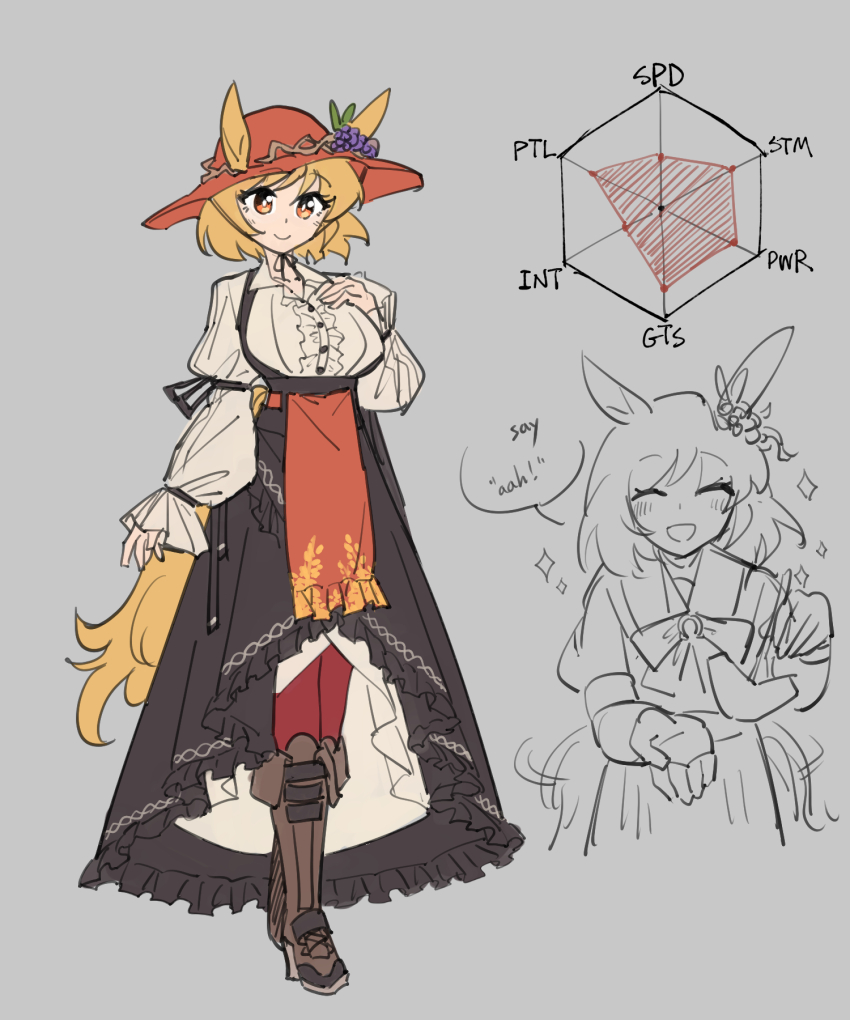 1girl aki_minoriko alternate_costume animal_ears black_skirt blonde_hair boots full_body graph hat highres horse_ears horse_tail kaibootsu long_skirt looking_at_viewer orange_eyes orange_hat radar_chart red_thighhighs skirt solo tail thighhighs touhou umamusume