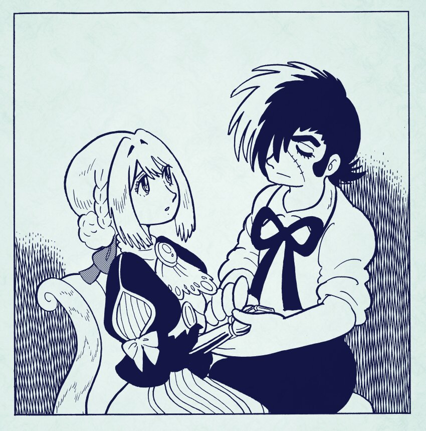 1boy 1girl absurdres ascot black_jack_(character) black_jack_(series) border bow bowtie braid brooch chair closed_eyes closed_mouth collared_shirt commentary crossover dress hair_between_eyes hair_ribbon highres holding_hands jewelry long_sleeves looking_at_another mechanical_arms monochrome multicolored_hair pants parted_lips prosthesis prosthetic_hand puffy_sleeves ribbon scar scar_on_face shirt short_hair short_sleeves simple_background sitting split-color_hair tanaka_keiichi tezuka_osamu_(style) violet_evergarden violet_evergarden_(series)