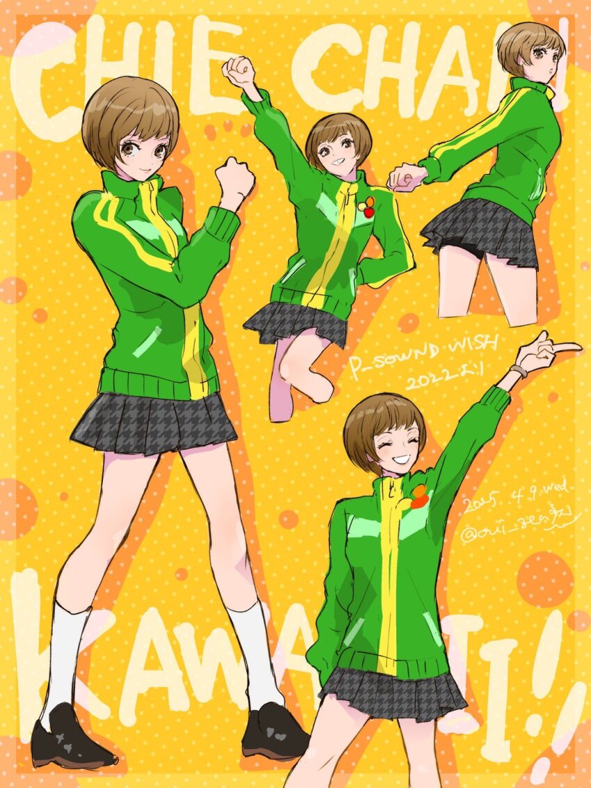 1girl arm_up brown_eyes brown_hair character_name clenched_hand closed_mouth commentary cowboy_shot cropped_legs dated full_body green_jacket grey_shirt highres index_finger_raised jacket kneehighs looking_to_the_side miniskirt multiple_views oui_zen parted_lips persona persona_4 pleated_skirt polka_dot polka_dot_background satonaka_chie school_uniform shirt short_hair skirt smile socks standing symbol-only_commentary track_jacket twitter_username white_socks yasogami_school_uniform yellow_background