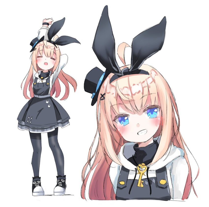 1girl :d =_= ahoge animal_ears apron arm_behind_head arm_up arms_up black_apron black_dress black_hairband black_pantyhose black_ribbon black_shoes blonde_hair blue_eyes blush closed_eyes commentary cropped_torso drawstring dress facing_viewer full_body grin hair_between_eyes hair_ornament hair_ribbon hairband hairclip hat hat_ribbon head_tilt hood hood_down hoodie key long_hair long_sleeves looking_at_viewer mini_hat mini_top_hat multiple_views open_mouth overall_skirt pantyhose pinafore_dress puffy_long_sleeves puffy_sleeves rearalice_(vrchat) ribbon shirt shoes simple_background six_box sleeveless sleeveless_dress sleeveless_hoodie smile sneakers standing stretching tilted_headwear top_hat upper_body very_long_hair vrchat white_background white_hoodie white_shirt x_hair_ornament yawning