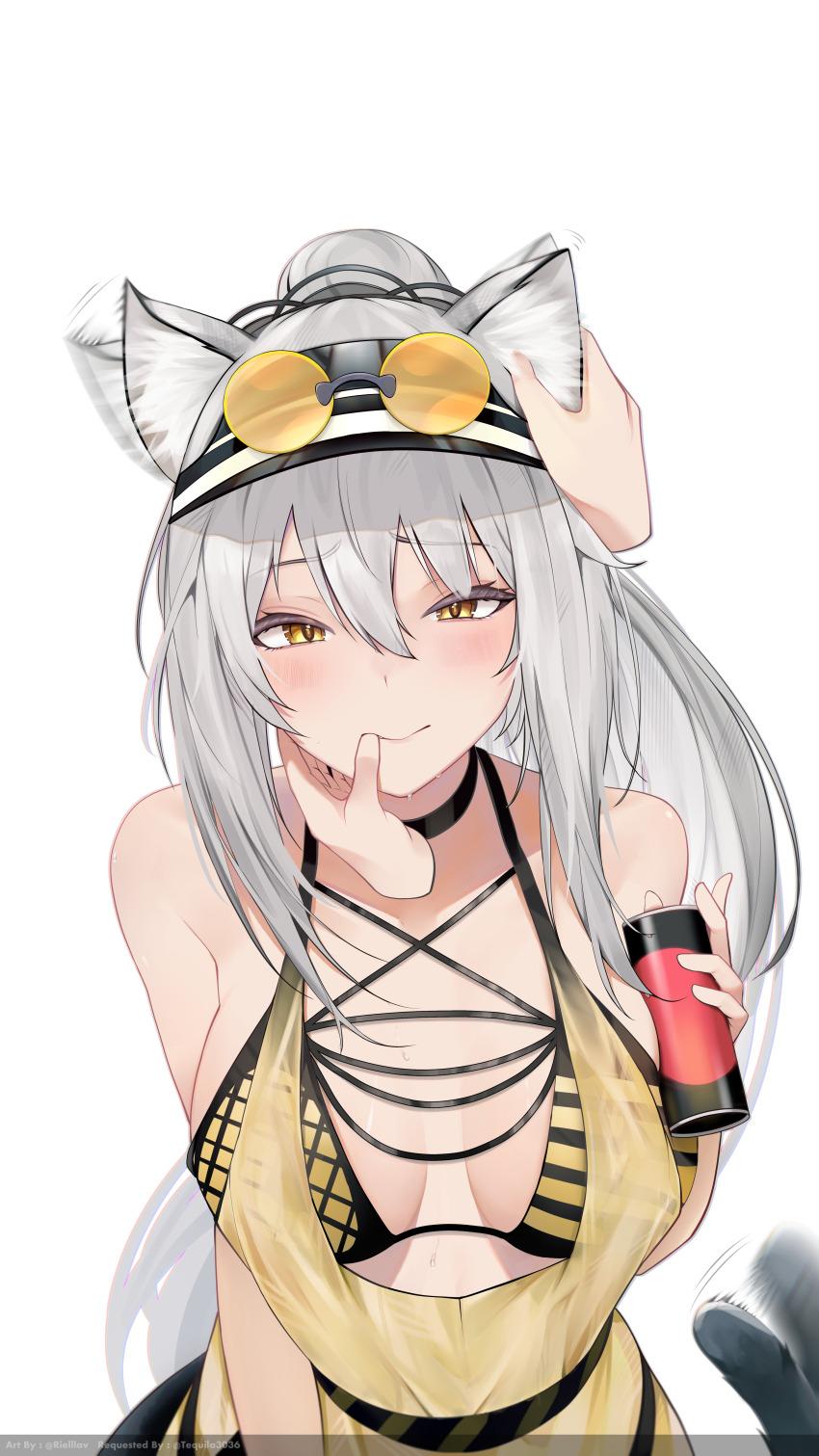 1girl absurdres animal_ear_fluff animal_ears arknights bad_tag bare_shoulders bikini blush breasts cat_ears cat_girl cat_tail closed_mouth commentary disembodied_hand dress ear_wiggle eyelashes eyewear_on_head grey_hair hair_between_eyes hairband hand_on_another&#039;s_chin hand_on_another&#039;s_head headpat highres lavriell long_hair medium_breasts ponytail pov pov_hands raised_eyebrows schwarz_(arknights) sidelocks simple_background smile solo_focus stroking_another&#039;s_chin sweatdrop swimsuit tail tail_wagging tinted_eyewear twitter_username upper_body yellow-tinted_eyewear yellow_bikini yellow_dress yellow_eyes