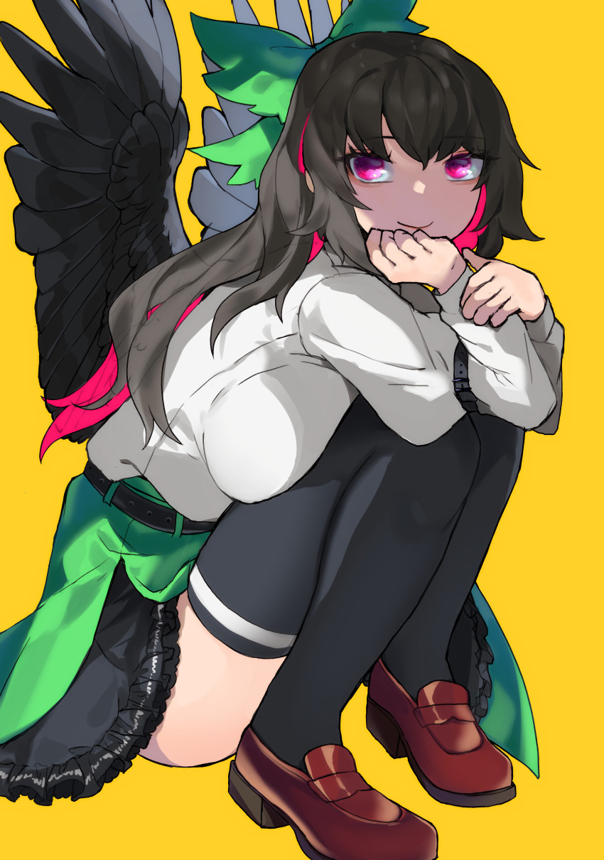 1girl absurdres alternate_costume alternate_eye_color alternate_hair_color belt bird_wings black_hair black_thighhighs black_wings bow breast_press breasts brown_shoes closed_mouth hair_bow hand_on_own_chin hands_up highres large_breasts long_hair long_sleeves looking_at_viewer mikomo0106 multicolored_hair pink_eyes red_hair reiuji_utsuho shirt shoes simple_background skirt smile solo squatting thighhighs touhou two-tone_hair very_long_hair white_shirt wings yellow_background