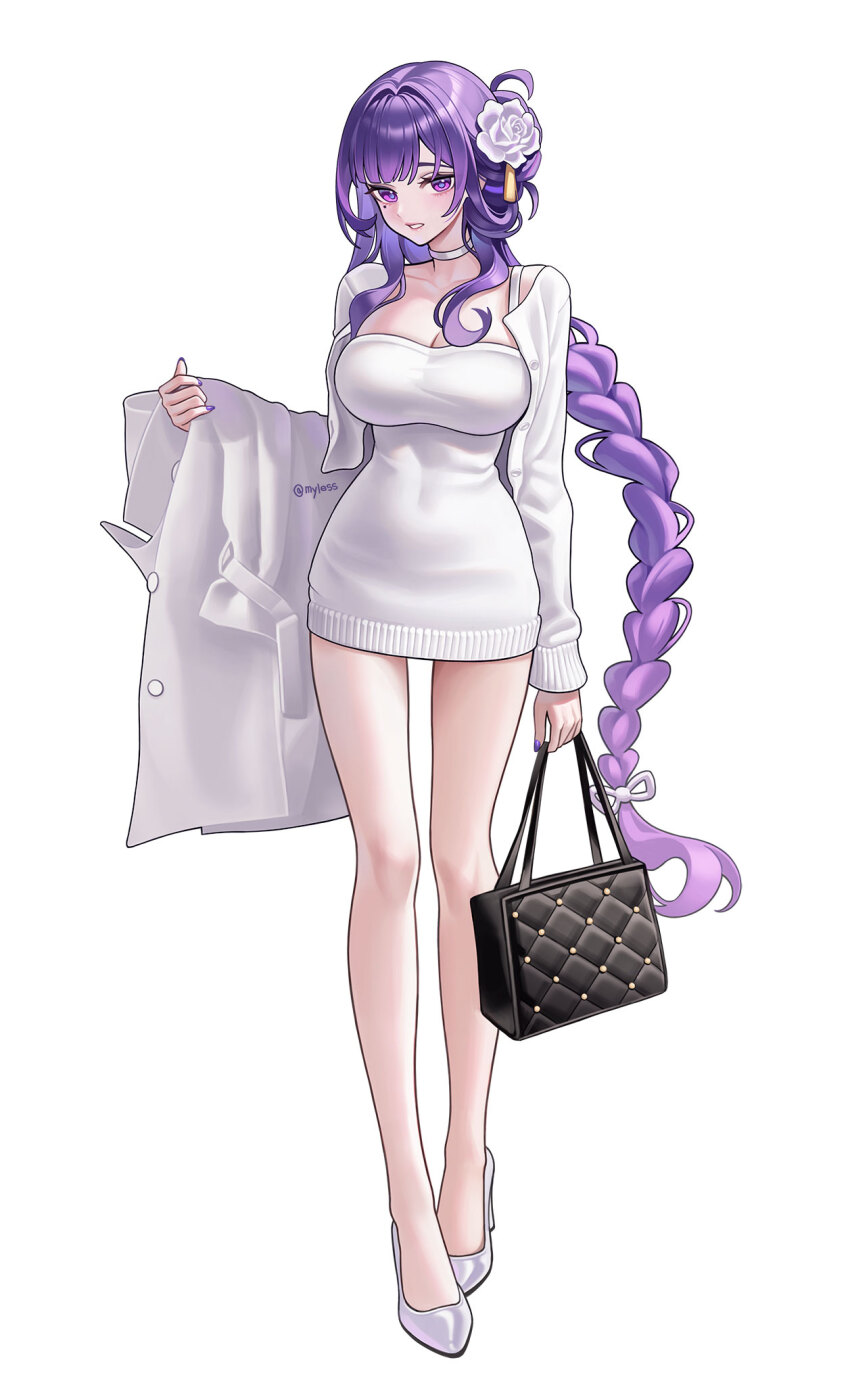 1girl alternate_costume bag black_bag breasts casual choker cleavage coat covered_navel flower full_body genshin_impact hair_flower hair_ornament handbag high_heels highres holding holding_bag holding_coat holding_unworn_clothes long_hair long_sleeves myless parted_lips purple_eyes purple_hair raiden_shogun shoes simple_background solo standing twitter_username unworn_coat very_long_hair white_background white_choker white_flower white_shoes
