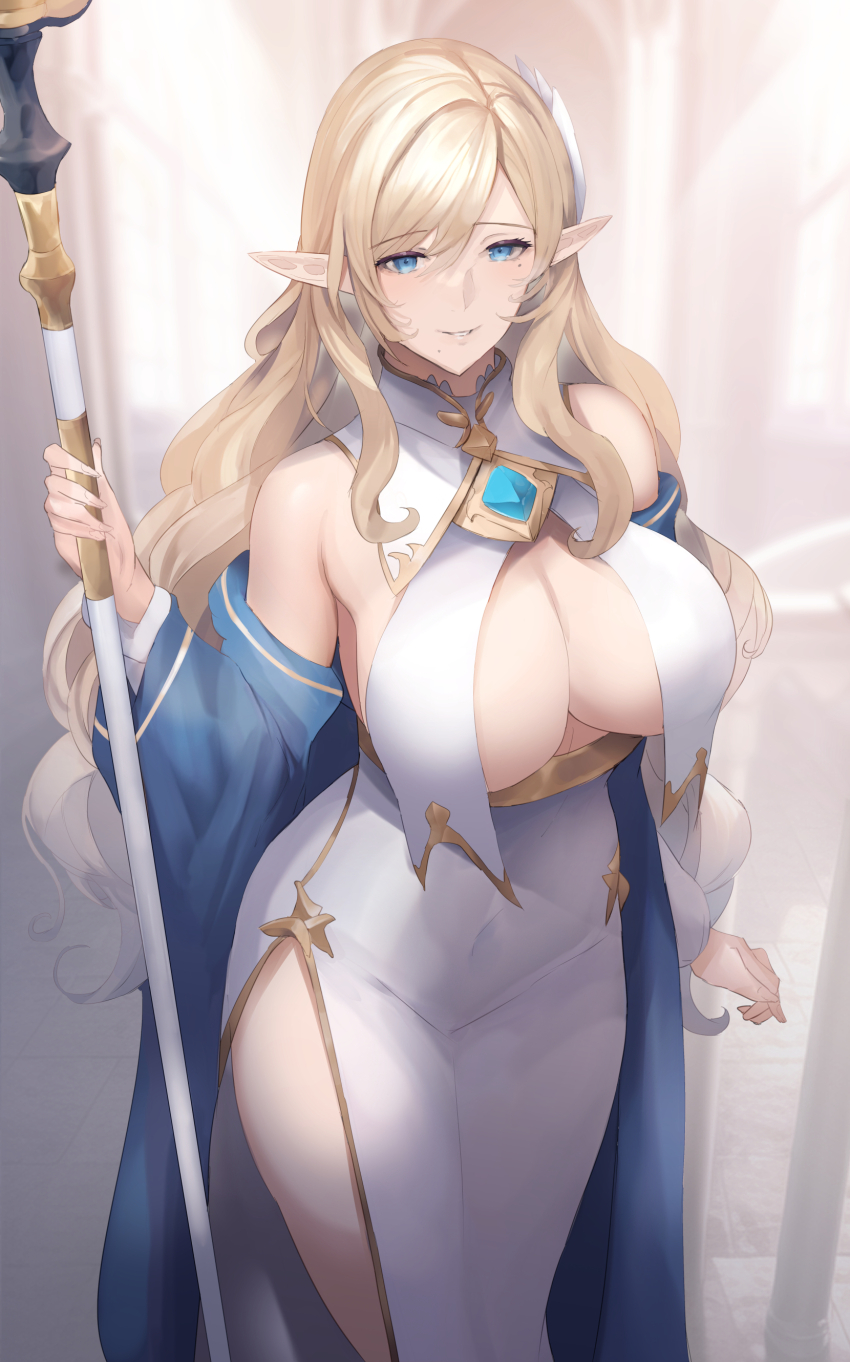 1girl absurdres baketsu blonde_hair blue_eyes blue_gemstone breast_curtains breasts dress elf gem highres holding holding_staff large_breasts long_hair long_sleeves looking_at_viewer original pointy_ears solo staff very_long_hair white_dress