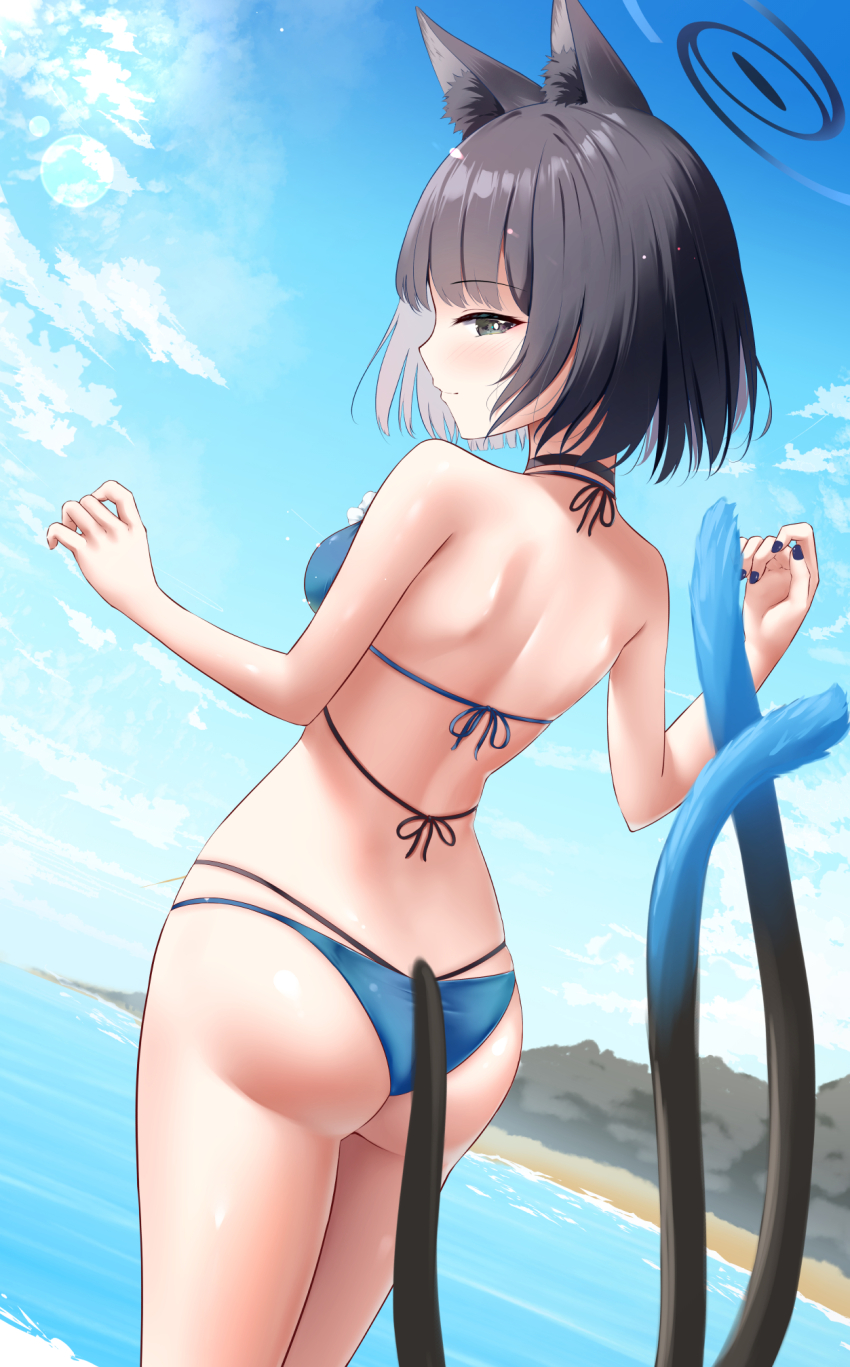 1girl animal_ear_fluff animal_ears ass back bikini black_eyes black_hair black_halo blue_archive blue_halo blue_nails blue_sky blush bright_pupils c.u.wa cat_ears cat_girl cat_tail closed_mouth commentary_request cowboy_shot day dutch_angle from_behind halo hands_up highres kikyou_(blue_archive) kikyou_(swimsuit)_(blue_archive) looking_at_viewer looking_back multi-strapped_bikini_bottom multi-strapped_bikini_top multiple_tails nail_polish ocean official_alternate_costume outdoors profile short_hair skindentation sky smile solo straight_hair swimsuit tail tail_raised two_tails w_arms white_pupils
