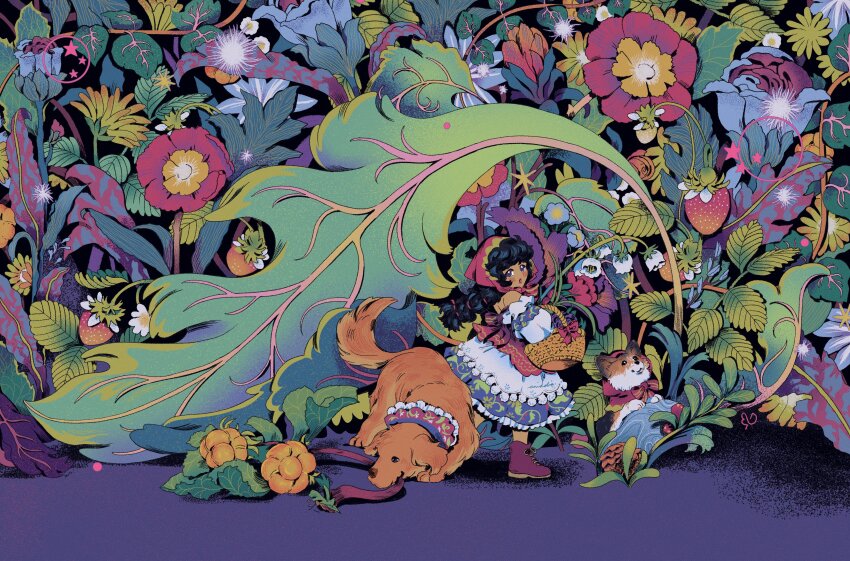 1girl absurdres animal basket berry black_hair blue_flower blunt_bangs blush boots bow braid dog dress eniddin flower foliage food frills fruit full_body highres holding holding_basket leaf long_hair looking_at_viewer original pink_flower plant puffy_sleeves scenery star_(symbol) strawberry tree walking white_flower wide_shot yellow_flower