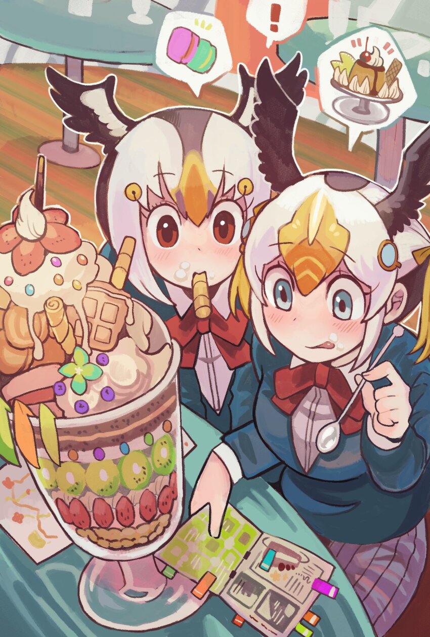 ! 2girls alternate_costume atlantic_puffin_(kemono_friends) bird_girl bird_tail bird_wings black_hair blonde_hair blue_eyes blue_jacket blush book bow bowtie collared_shirt eating food grey_skirt hair_between_eyes hair_bow head_wings highres igarashi_(nogiheta) jacket kemono_friends kemono_friends_3 long_sleeves multicolored_hair multiple_girls orange_hair parfait pleated_skirt red_bow red_bowtie red_eyes school_uniform shirt sidelocks sitting skirt spoken_exclamation_mark spoon table tail tufted_puffin_(kemono_friends) white_hair white_shirt wings