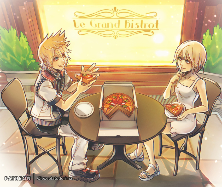 1boy 1girl artist_name bare_shoulders blonde_hair blue_eyes cake chair cioccolatodorima collarbone commentary commission crossed_legs dress english_commentary eye_contact food grin hair_between_eyes highres holding holding_food jacket kingdom_hearts kingdom_hearts_ii long_hair looking_at_another namine open_clothes open_jacket patreon_username plate pointy_hair roxas second-party_source shadow short_dress short_hair short_sleeves sitting sleeveless sleeveless_dress smile table teeth white_dress white_jacket