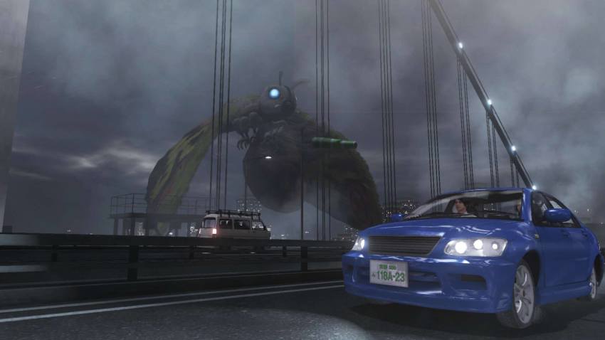 1boy bridge bug car city_shrouded_in_shadow flying fog giant giant_monster glowing glowing_eyes godzilla_(series) godzilla_vs._mothra granzella highres insect kaiju kouno_yuki misaki_ken monster moth mothra motor_vehicle night toho wings