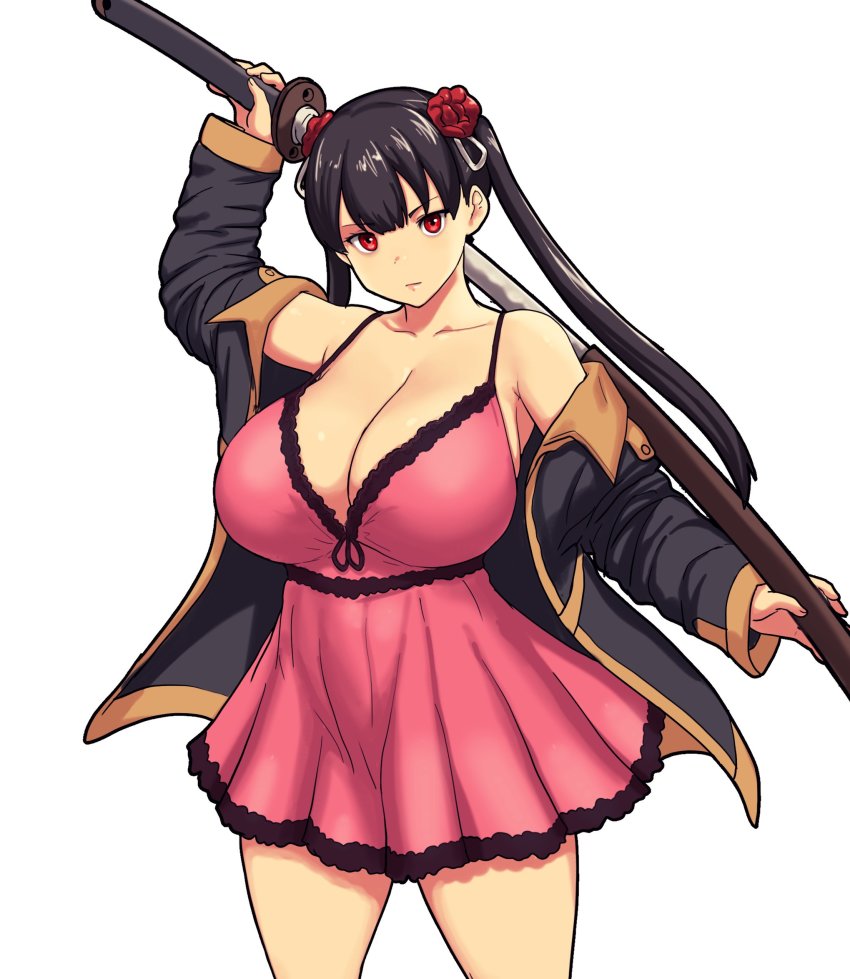 1girl black_hair black_jacket breasts cleavage cowboy_shot dress erkaz flower hair_flower hair_ornament highres holding holding_sword holding_weapon huge_breasts jacket long_hair long_sleeves looking_at_viewer original pink_dress red_eyes red_flower shadow simple_background solo sword twintails weapon white_background yukihana_(erkaz)