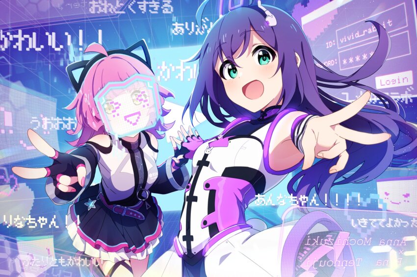 &gt;_&lt; 2girls ahoge animal_ears aqua_eyes armpits belt black_gloves black_skirt black_sleeves blunt_bangs blunt_ends blush breasts cat_ears commentary_request crossover cyberspace detached_sleeves dot-matrix dot_nose dress expressionless fake_animal_ears fingerless_gloves gloves heart highres holographic_interface holographic_mask holographic_monitor idolmaster idolmaster_million_live! jacket long_hair looking_at_viewer love_live! love_live!_nijigasaki_high_school_idol_club mask medium_hair mochizuki_anna multiple_girls open_mouth pink_belt pink_hair pink_nails purple_hair rabbit_ears reikakrzk rina-chan_board see-through_clothes see-through_jacket see-through_mask sidelocks single_detached_sleeve single_glove skirt small_breasts smile striped_sleeves tennoji_rina thigh_strap thighs v white_dress white_gloves yellow_eyes zipper zipper_pull_tab