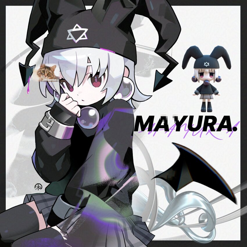 1girl absurdres animal black_hat black_thighhighs cat character_name commentary detached_wings earrings grey_skirt hair_between_eyes hat hexagram highres jester_cap jewelry large_earrings long_sleeves looking_at_viewer mayura morizo_(morizoshop) multiple_views plaid_clothes plaid_skirt pleated_skirt purple_eyes simple_background sitting skirt sleeves_past_wrists symbol-only_commentary thighhighs ukagaka watermark white_hair wings