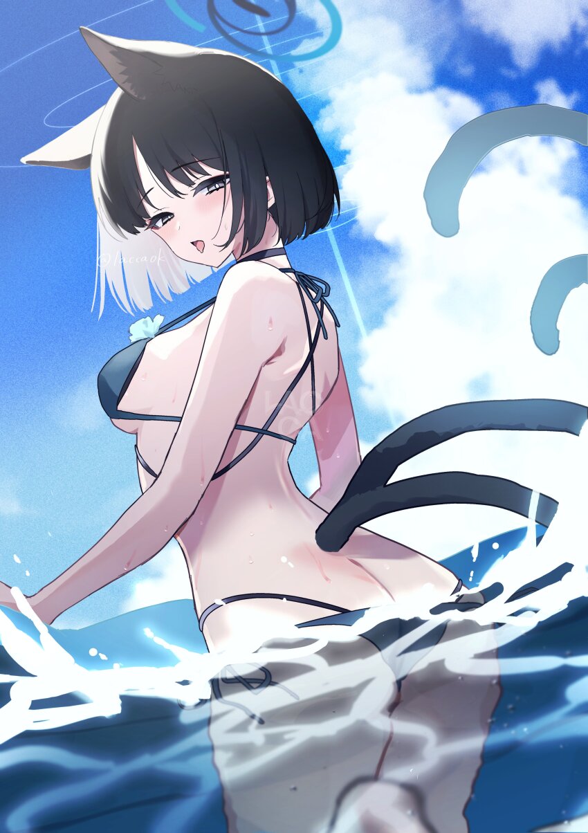 absurdres animal_ears bikini black_eyes black_tail blue_archive blue_bikini blue_halo blue_tail cat_ears cat_girl cat_tail gradient_tail halo highres kikyou_(blue_archive) kikyou_(swimsuit)_(blue_archive) layered_bikini multi-strapped_bikini_bottom multiple_tails nadentd official_alternate_costume swimsuit tail two_tails