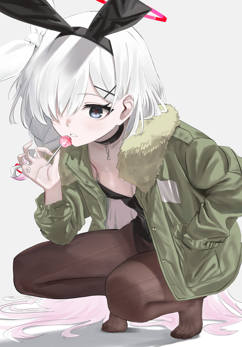 1girl absurdres alternate_costume animal_ear_hairband animal_ears black_choker black_hairband black_leotard black_pantyhose blue_archive candy choker fake_animal_ears food fur_trim green_jacket grey_eyes hair_behind_ear hair_ornament hair_over_one_eye hair_ribbon hairband hairpin hand_in_jacket haoma highres holding holding_candy holding_food holding_lollipop jacket leotard lollipop long_hair looking_at_viewer open_mouth pantyhose plana_(blue_archive) playboy_bunny rabbit_ear_hairband rabbit_ears ribbon sidelocks squatting white_hair white_ribbon