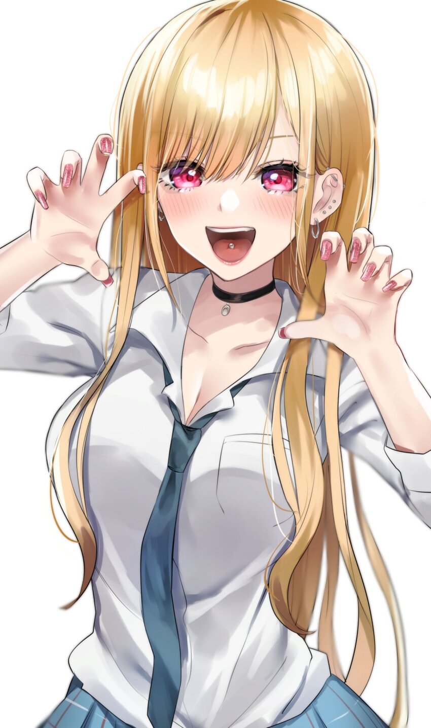 1girl black_choker blonde_hair blue_necktie blue_skirt blush breast_pocket breasts choker claw_pose cleavage collarbone collared_shirt commentary ear_piercing earrings gyaru highres jewelry kitagawa_marin kurosaki_coco large_breasts long_hair necktie open_mouth piercing pink_nails plaid_clothes plaid_skirt pocket red_eyes school_uniform shirt simple_background skirt smile solo sono_bisque_doll_wa_koi_wo_suru teeth tongue_piercing upper_body upper_teeth_only white_background white_shirt