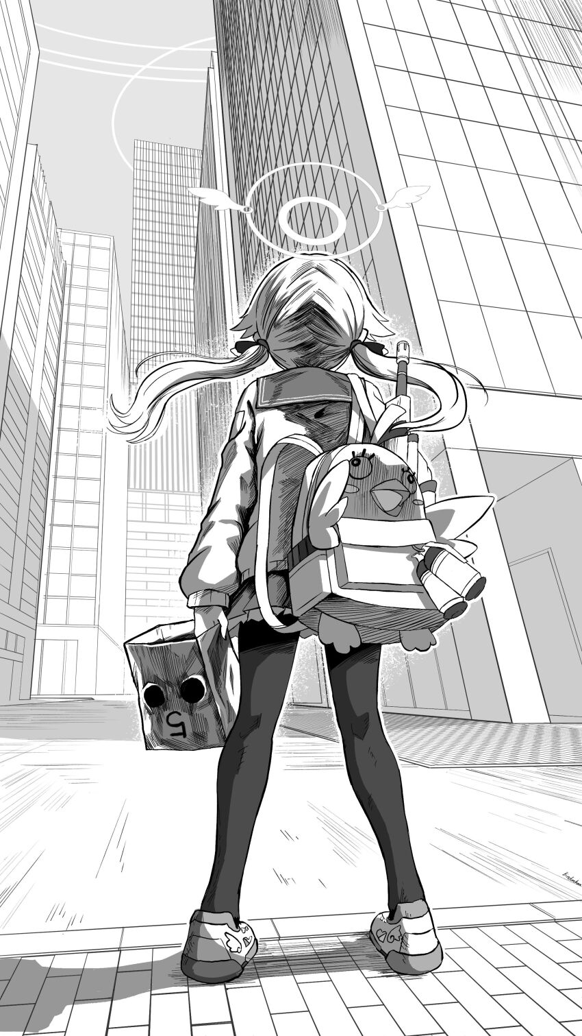 1girl absurdres assault_rifle backpack bag bindonkan blue_archive building bullpup city commentary from_behind full_body greyscale gun halo hifumi_(blue_archive) highres holding holding_bag holding_behind_back holding_weapon_behind_back l85 long_hair long_sleeves low_twintails monochrome outdoors pantyhose peroro_(blue_archive) rifle sailor_collar school_uniform skirt skyscraper solo standing twintails weapon