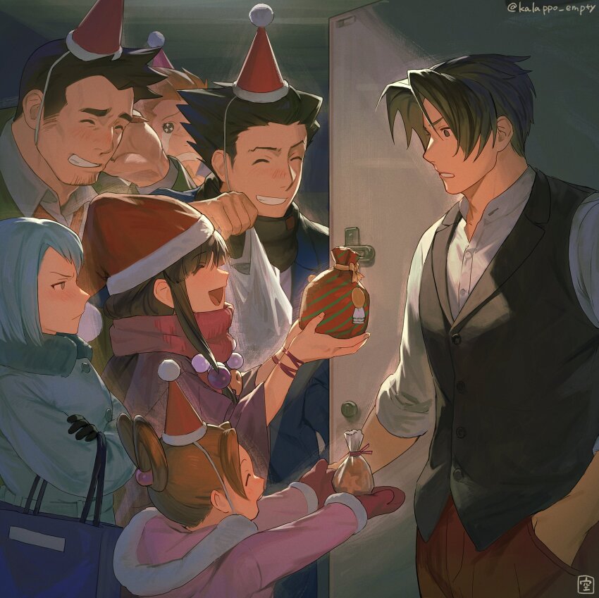 3girls 4boys ace_attorney bag bead_necklace beads black_gloves black_hair black_vest blue_hair blue_jacket blue_pants brown_hair closed_eyes collared_shirt crossed_arms crying dick_gumshoe franziska_von_karma gift gloves hair_bobbles hair_ornament hair_rings hand_in_pocket hanten_(clothes) hat highres holding holding_bag holding_gift jacket jewelry kalappo_empty larry_butz long_hair magatama magatama_necklace maya_fey miles_edgeworth multiple_boys multiple_girls necklace open_door outstretched_arms pants party_hat pearl_fey phoenix_wright pink_jacket purple_jacket red_gloves red_hat red_pants santa_hat scarf shirt short_hair signature smile spiked_hair streaming_tears tears twitter_username vest white_shirt
