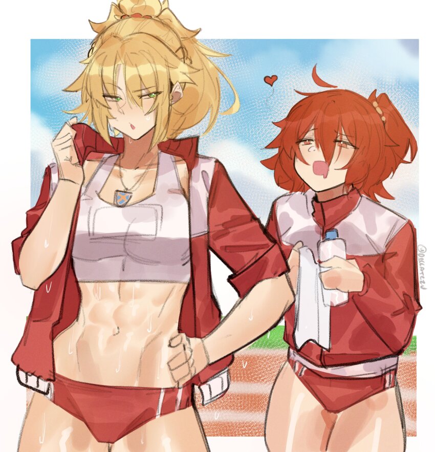 2girls abs absurdres blonde_hair commentary deccatezu english_commentary fate/grand_order fate_(series) fujimaru_ritsuka_(female) green_eyes hair_between_eyes hand_on_own_hip heart highres jacket jewelry long_hair looking_at_another mordred_(fate) multiple_girls navel necklace open_mouth orange_eyes orange_hair outdoors pants ponytail red_jacket short_hair side_ponytail sweat toned toned_female track_jacket track_pants yuri