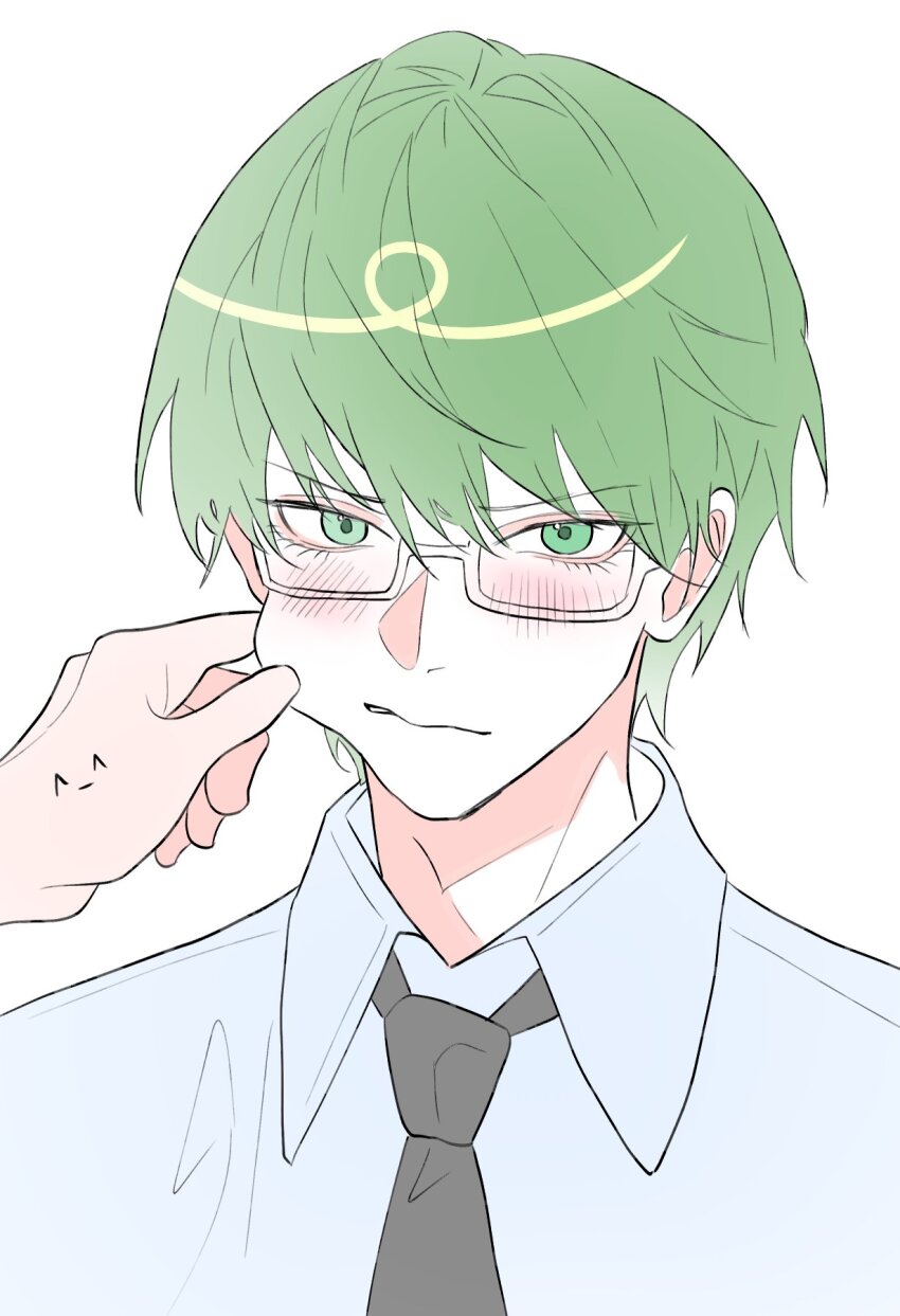 1boy 1other ^_^ black_necktie blush cheek_pinching closed_eyes closed_mouth collared_shirt commentary_request embarrassed eyelashes glasses green_eyes green_hair highres korean_commentary kuroko_no_basuke male_focus midorima_shintarou necktie out_of_frame pinching shirt simple_background solo_focus upper_body white_background white_shirt wing_collar yuuuuuue131